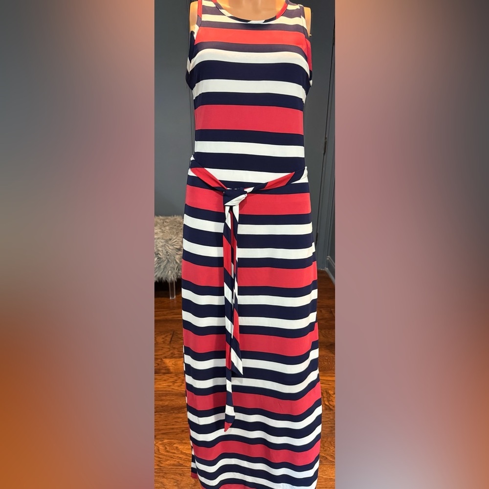 Banana Republic Striped Maxi Dress XS Navy Red White Tie Waist Sleeveless - Picture 2 of 4